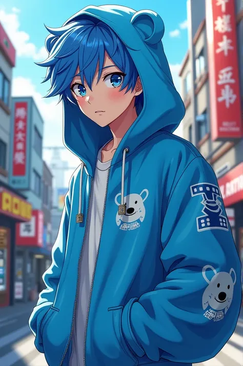 anime boy with blue polar bear hoodie and hair picture in street style