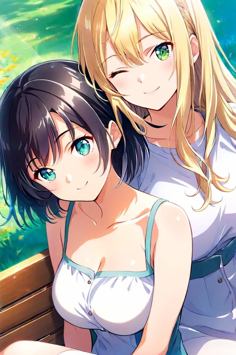  2 girls、（ long hair、 blonde hair、Big Breasts、 green eyes、Fleeting、Sleep leaning on your shoulders、）、 high angle、（ black hair、Aqua Eyes、 small tits、Short Hair、Rin々Shii、 stares、 smiles）、lily、 bench、sit、 world for two、 warm sunshine