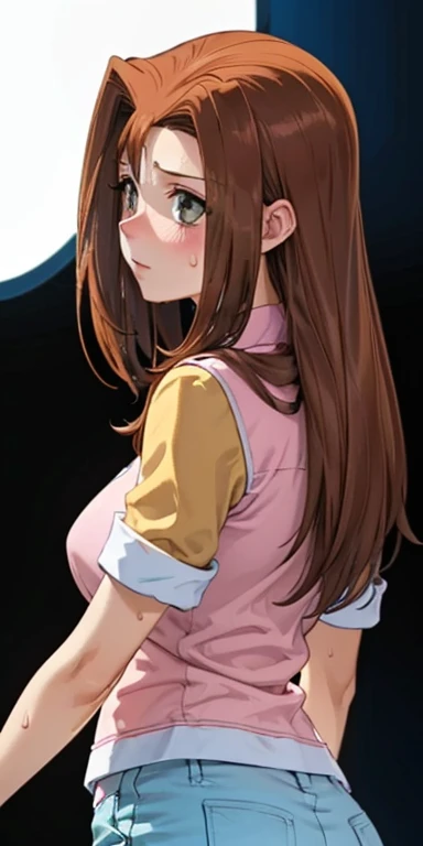   1 female,  high definition,  High resolution  ,    ultra-realistic    ,8K,serenidaddm  ,   gray eyes,  long hair,   brown hair,     pink shirt  ,   blue shorts  ,European,sexy,  Close-up of the upper body,    photographed from the front   ,  Dynamic Angl...