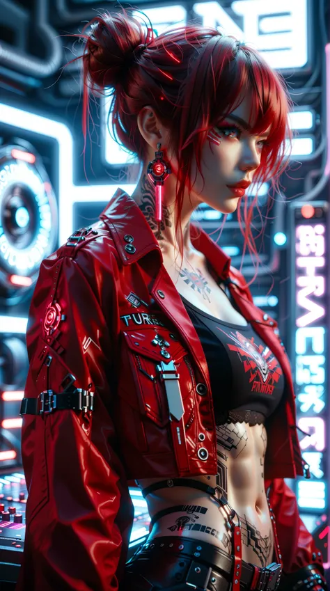  A highly detailed digital illustration ， narrates the neon lights on the ribs and clavicles of a striking cyberpunk female ， skin is porcelain skin ， which is thin and muscle-developed ，and a fierce ， confident expression 。 Her long red hair is pulled bac...