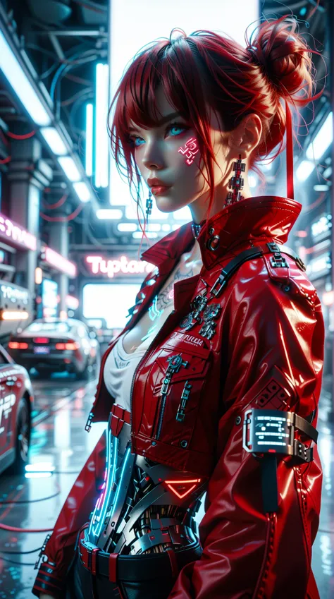  A highly detailed digital illustration ， narrates the neon lights on the ribs and clavicles of a striking cyberpunk female ， skin is porcelain skin ， which is thin and muscle-developed ，and a fierce ， confident expression 。 Her long red hair is pulled bac...