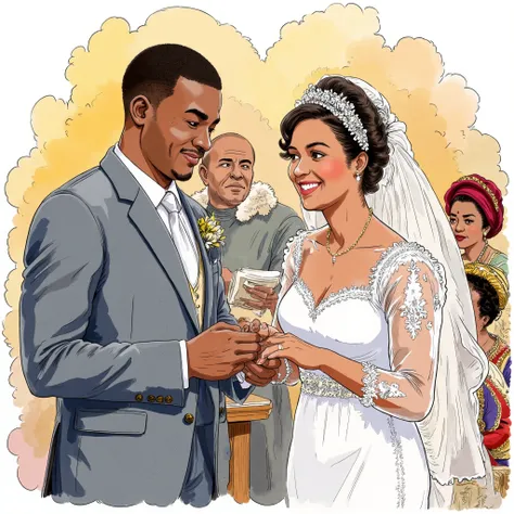 A heartwarming watercolor illustration capturing the moment the groom places a wedding ring on the bride’s finger. The groom, a Nigerian man in a well-fitted suit, gently holds his bride’s hand as he slides the ring onto her finger. His face shows deep lov...
