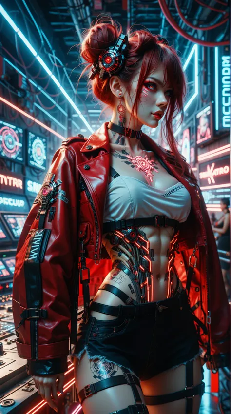  A highly detailed digital illustration ， narrates the neon lights on the ribs and clavicles of a striking cyberpunk female ， skin is porcelain skin ， which is thin and muscle-developed ，and a fierce ， confident expression 。 Her long red hair is pulled bac...