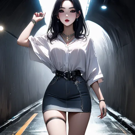   top quality、Ultra-precise depiction、 detailed map、  bright colors visible from the forehead、 beautiful girl 、 alone、Age 30、 accurate facial depiction、 night view、tunnel、 dark lights 、red pin light、 backlit、 upshot 、 bright red straight hair、 short hair、 ...