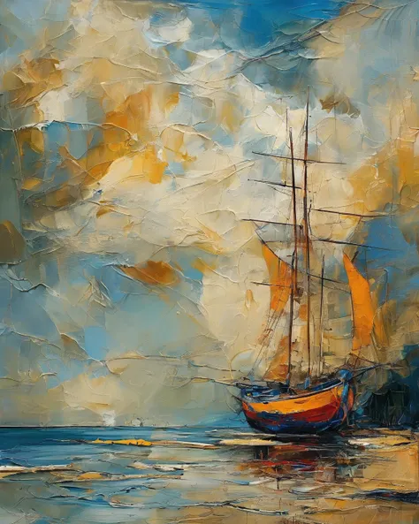 .  A sailboat on the seashore, masterpiece,  High resolution , Wide angle,  Abstract Expressionism,  digital art, 