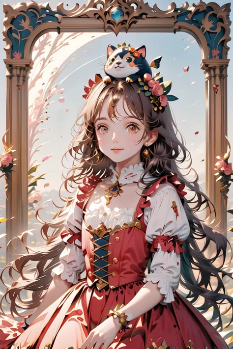 Front ，ID photo，red skirt and black   ，  she has brown hair and eyes  。  There are balls on both sides of the head   ，   shoulder-length hair   ，  anime girl in a gothic lolita dress  , with red flower decorations on the head  。she is wearing a white blous...