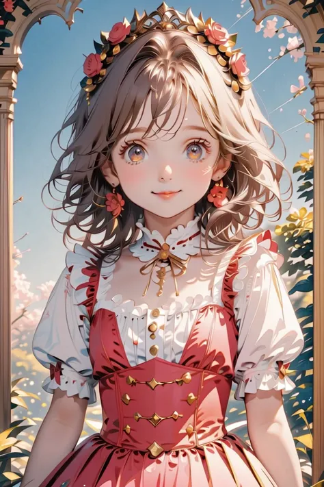 Front ，ID photo，red skirt and black   ，  she has brown hair and eyes  。  There are balls on both sides of the head   ，   shoulder-length hair   ，  anime girl in a gothic lolita dress  , with red flower decorations on the head  。she is wearing a white blous...