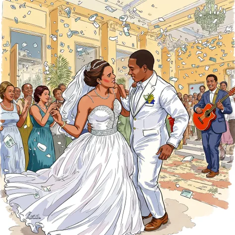 A lively and colorful watercolor illustration capturing the Nigerian newlyweds dancing joyfully at their wedding reception. 

The reception hall is alive with color—vibrant decorations, guests cheering, and a live band playing in the background. Some guest...