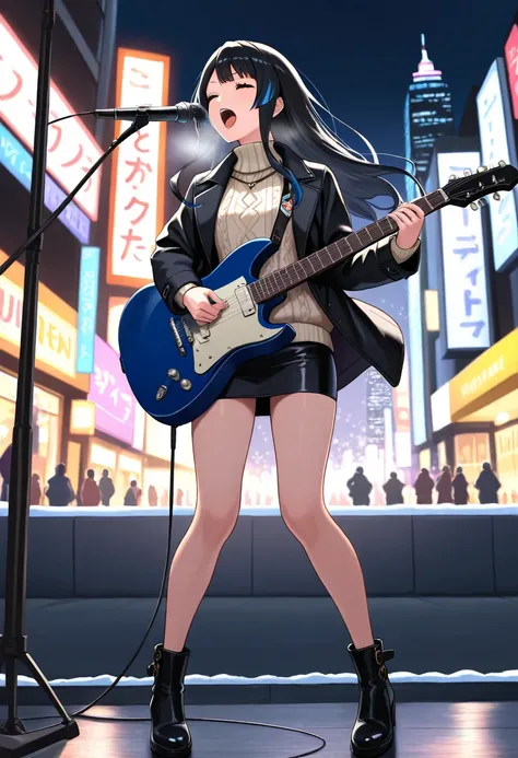 8k resolution ,master piece, best quality, 1women ,solo, long hair, black hair, in japan shibuya street, street singer, guitar, plaing guitar, down mini coat, knit sweater , mini tight skirt, open legs, fullbody, singing , winter, plate pop, micstand, mic,...