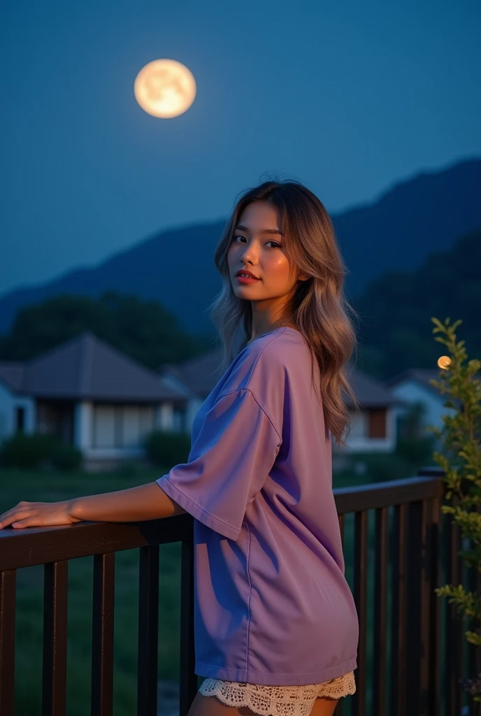 This photo is bathed in moonlight, the stars are bright and golden and naturally twinkling. It is usually taken in the evening because it creates sharp shadows and highlights, making the scene look fresh and lively. The pose of a beautiful 25-year-old Thai...