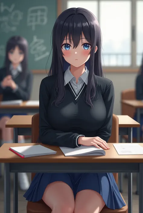 Anime girl in a classroom, Japanese, big breasts, black top, dressed like a Japanese schoolgirl, blue eyes black hair, Look a bit realistic but animelike, white socks, sitting at her desk