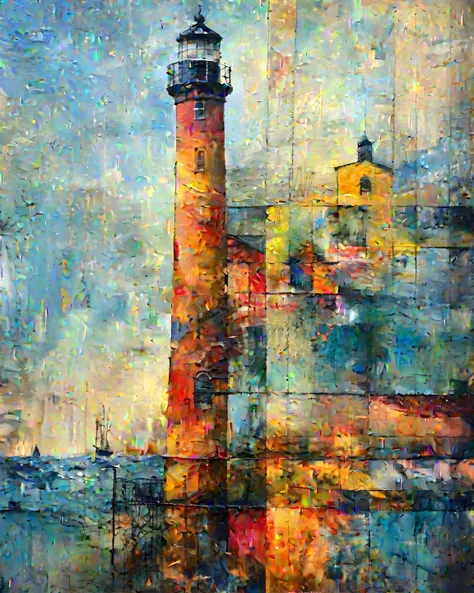 A lighthouse on the seashore, masterpiece,  High resolution , Wide angle,  Abstract Expressionism,  digital art, Monet style