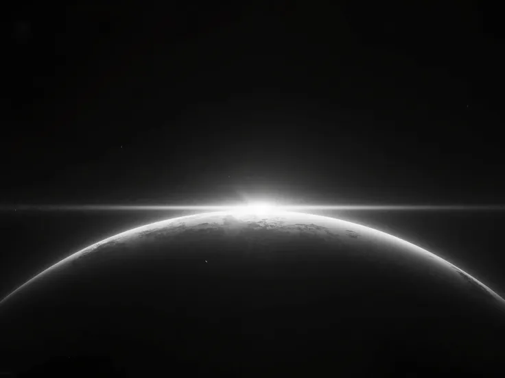 "Futuristic sci-fi space background, monochrome black and white gradient. A massive dark planet seen from space, with a bright glowing horizon line creating a sleek and minimal atmosphere. Smooth gradient from deep black to soft gray, emphasizing depth and...