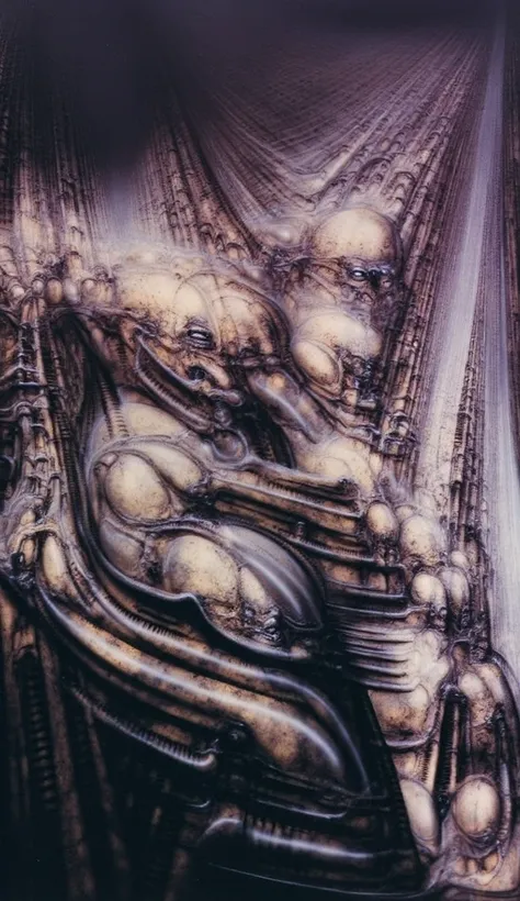 DARK BLACK COLORS. Giger_style, H. R. Giger's g1g3r, , Giger_style. Please reproduce the original image as accurately as possible, capturing the intricate details of the biomechanical structures, the dramatic lighting, and the overall sense of unease. Find...