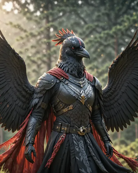 Alone,  Ultra High Definition Photography ,  full body photo Unreal Engine 5 8K UHD , male,  black and crimson armor ,  dark red tattoo details , Crow design ,  long scarf covering the left arm ,  The shape of the helmet is inspired by crows,  crow's beak ...