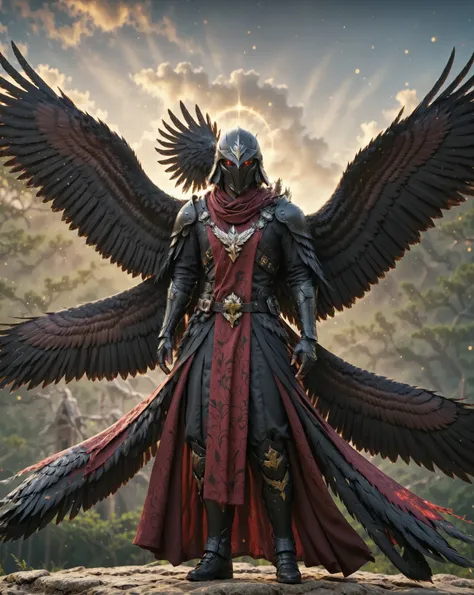 Alone,  Ultra High Definition Photography ,  full body photo Unreal Engine 5 8K UHD , male,  black and crimson armor ,  dark red tattoo details , Crow design ,  long scarf covering the left arm ,  The shape of the helmet is inspired by crows,  crow's beak ...