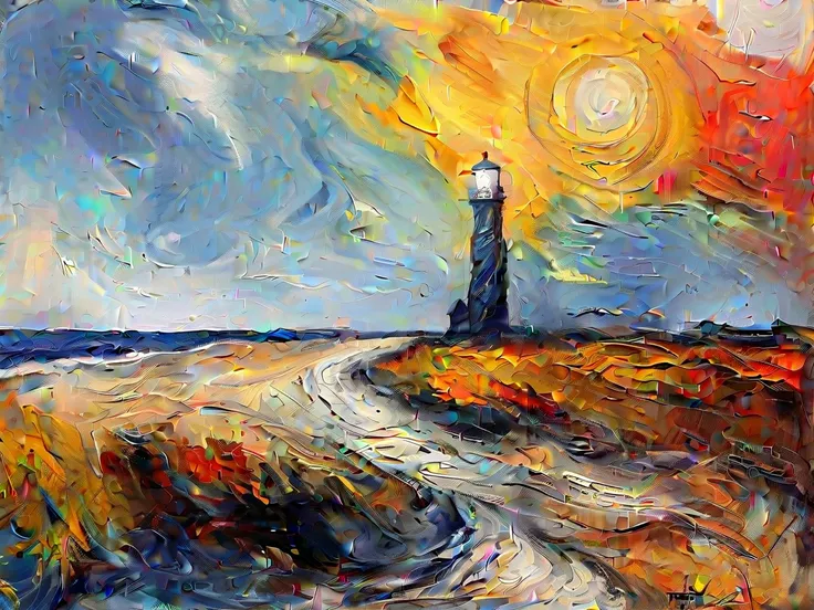 A lighthouse on the seashore, masterpiece,  High resolution , Wide angle,  Abstract Expressionism,  digital art, van gogh style