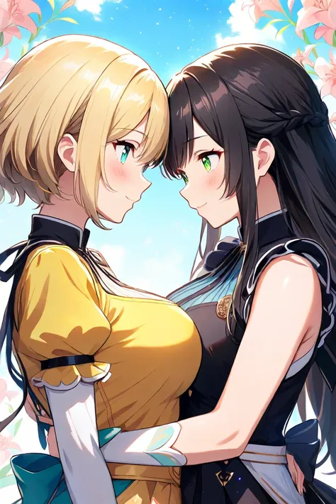  2 girls、 staring at each other、（ long hair、 blonde hair、Big Breasts、 green eyes、Fleeting）、（ black hair、Aqua Eyes、 small tits、Short Hair、Rin々Shii）、lily、 world for two、 warm sunshine、Two girls hug each other together、 frill、 cute、 happy、Dreamland、 detailed ...