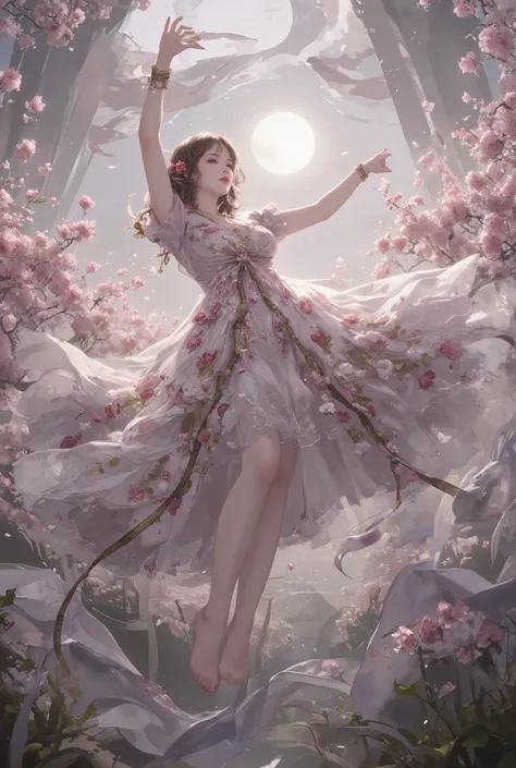  dress 、Woman dancing while floating in the air。Curvy is beautiful。 supple and luscious。Women's clothes are made of flowers。 Countless flowers are dancing in the air。 Moonlight 