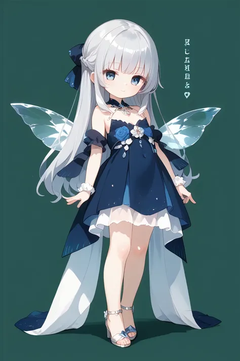 Here is the translation of the Japanese description into English:

"One girl, petite, in an elegant blue dress, with transparent wings on her back, long silver hair, deep blue eyes, standing pose, full body, green background."

