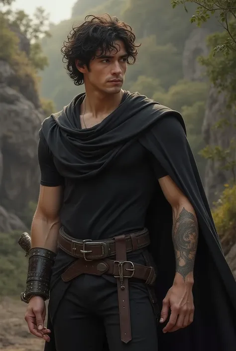 a tall, dark-haired man with pale skin, dark curly hair and hazel eyes and he has broad shoulders and a hulking frame. has a black tattoo on his left arm, wears black clothes, is handsome; he is a dragon rider from a fantasy book... his dragon is brown; no...