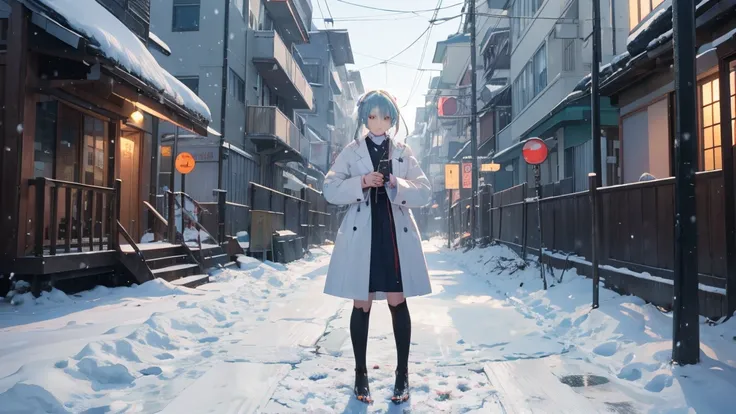 there is a woman standing In the snow wearing a white coat,  full body::  snow outside ::,  wearing a white winter coat, standing In the snow, In the snow, In the snow,  wearing an old white coat , tsubasa nakai's style,  inspired by Fujiwara Takanobu ,  a...