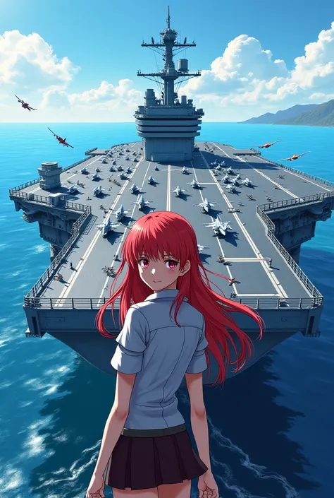 Anime girl with long red hair captain of aircraft carrier 