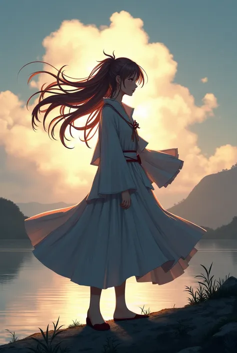  Hoshimi Miyabi , zenless zone zero, stands against the river,  her hair flutters in the wind ,  the weather is sunny , Cloudy,  looks into the distance