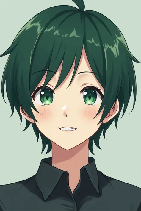 anime style
A young man with a neutral face。
The age is in their 20s。
Hair color is dark dark green。 hairstyle is short。The length that only transverse hair sticks to the shoulders。 with bangs split to the left。
 eye color is emerald green 。
Mouth is smili...