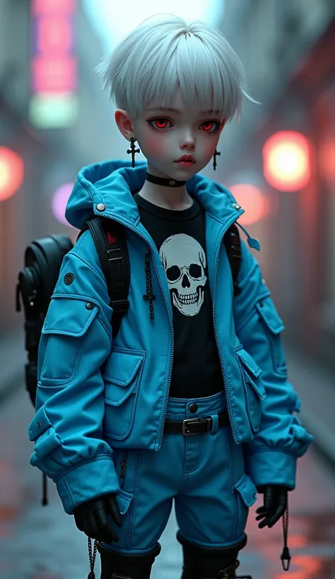 BJD style, Gothic style,  boy, white hair, red eyes, black cross earrings, cold expression, black sleeveless collarless top with skull pattern, fluorescent blue jacket with collar and long sleeves with multi-pocket design, the jacket hangs under the should...