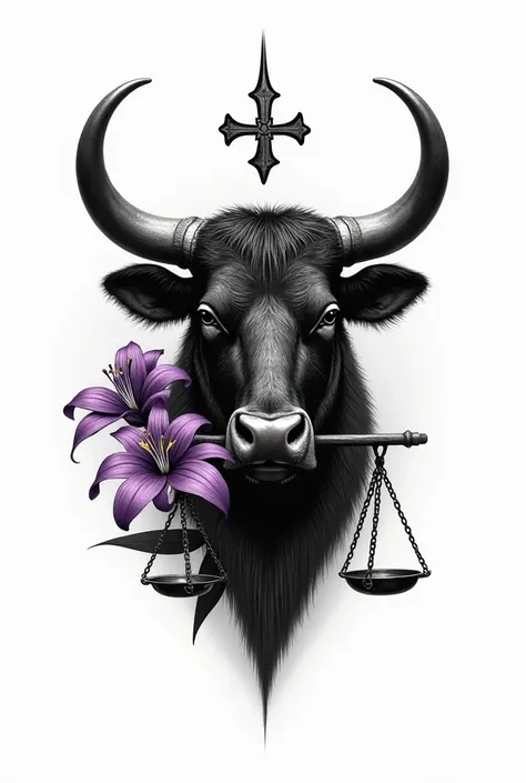  I want a black and white tattoo representing an aurochs, Symbol of Moldavia, tenant une balance dans sa gueule. A purple lily flower must also be present.