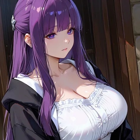 masterpiece, best quality, absurdres, perfect anatomy, 1girl, solo, Fern(sou sou no Frieren), very long hair, purple eyes, (purple pupils), white dress, black robe, large breasts