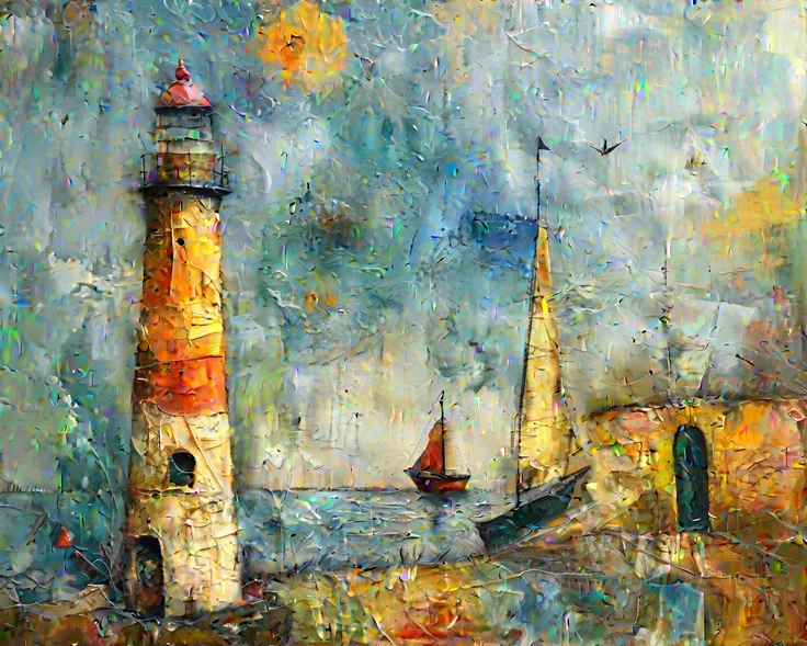 A lighthouse and a sailboat on the seashore, masterpiece,  High resolution , Wide angle,  Abstract Expressionism,  digital art, 