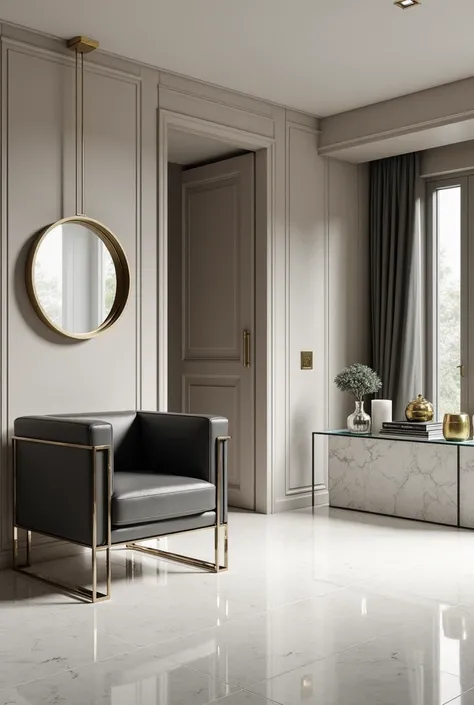 Professional architectural perspective and three-dimensional rendering of the interior design of the entrance of a very large luxury and very modern and very minimal apartment with a very modern and very minimal cubic shaped metal chair with a dark silver ...