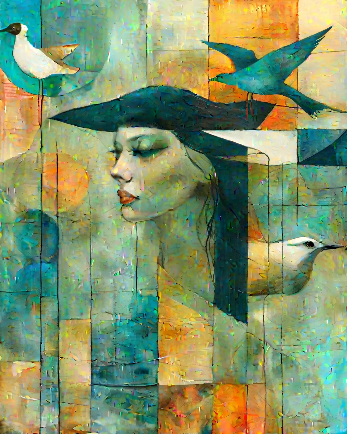 Watercolor brush  , of woman,    technique applying soft and blurry lines ,   using gradients and thick lines  , beige sketch  ,  turquoise, gray,  orange. And flying seagulls  . Artistic,