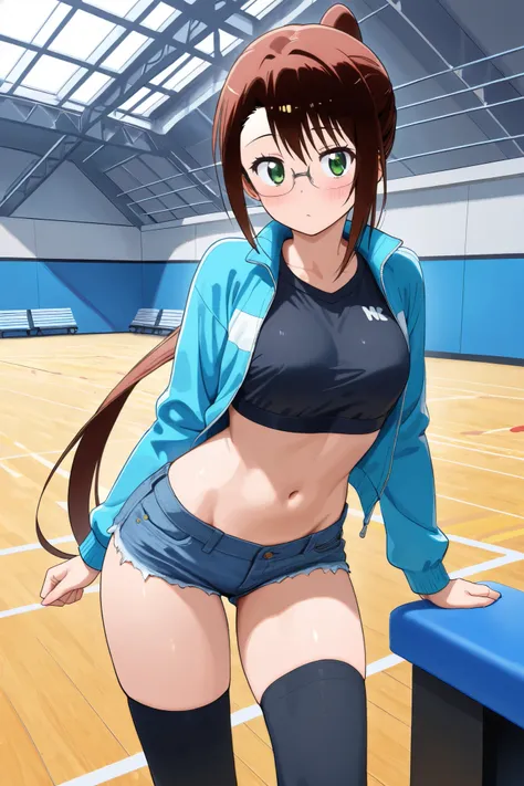 NSFW, Masterpiece, top quality, Hi-Res, very detailed,Ruri Miyamoto\(Nisekoi\)、 long hair、bangs, brown hair at the gym, green eyes、 ponytail、Glasses、鈍いbangs, small tits, jacket, crop top, denim shorts , knee-high socks,Groin, night entertainment district,A...