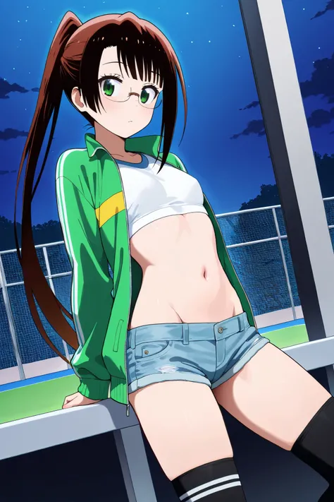 NSFW, Masterpiece, top quality, Hi-Res, very detailed,Ruri Miyamoto\(Nisekoi\)、 long hair、bangs, brown hair at the gym, green eyes、 ponytail、Glasses、鈍いbangs, small tits, jacket, crop top, denim shorts , knee-high socks,Groin, night entertainment district,A...