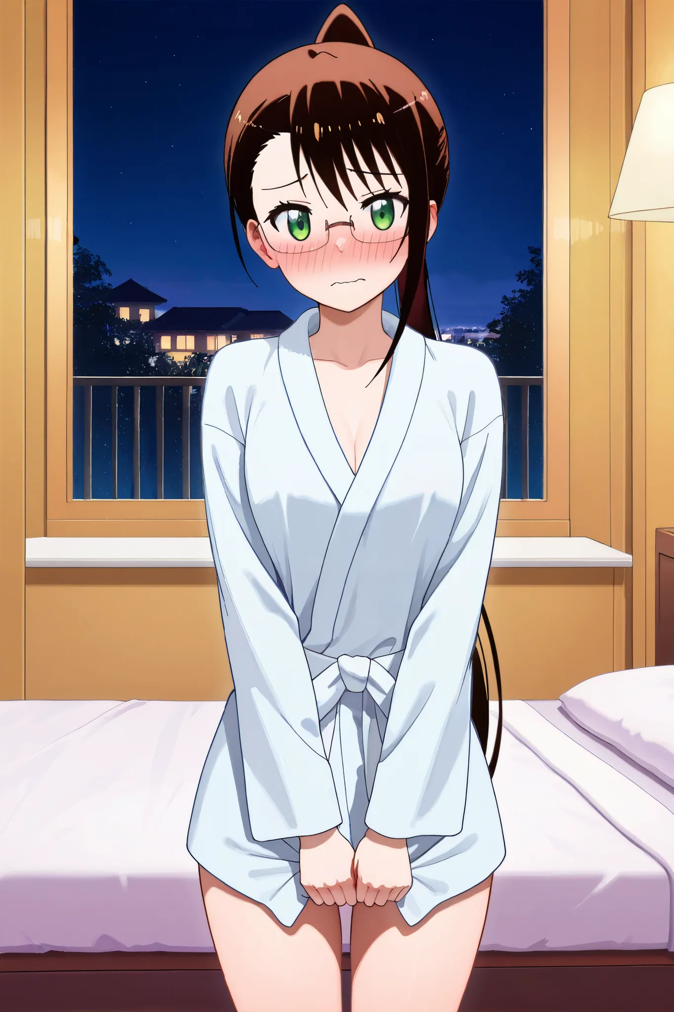 NSFW, Masterpiece, top quality, Hi-Res, very detailed,Ruri Miyamoto\(Nisekoi\)、 long hair、bangs, brown hair at the gym, green eyes、 ponytail、Glasses、鈍いbangs, small tits, love hotel where I showed up my skills, bedroom,night, bathrobe,Embarrassed,blush,A wa...