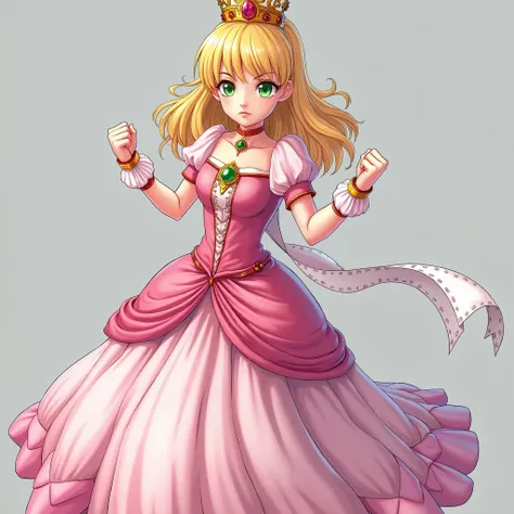 Create a picture of a princess in a pink dress and with blonde hair and green eyes in a fighting stance it should have no background and be in the style of RPG Maker VX Ace making her peferct to be imported into the game making slightly realistic