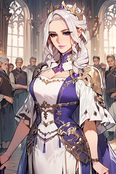 A white haired queen, gentle face, purple eyes, middle-age, beautiful, pretty, light skin