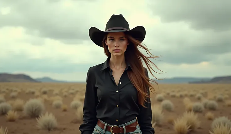 (photorealism:1.2), "A strong and confident cowgirl standing alone in a vast open field. She wears a black shirt and a wide-brimmed cowboy hat, her long hair gently blowing in the wind. The cloudy sky and muted colors of the landscape behind her enhance th...