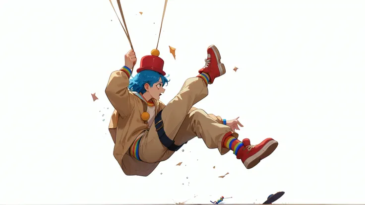 clowns with beige clothes, hats, blue hair, falling over, falling to the side, falling 