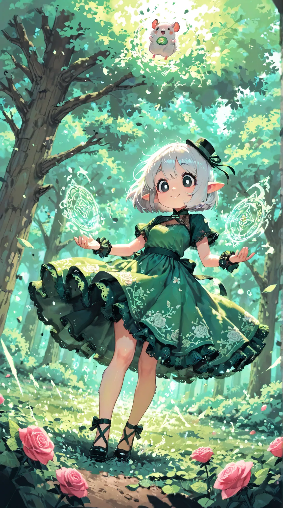 score_9, score_8_up, score_7_up, UHD, Masterpiece, amazing quality, very aesthetic, absurdres, ultra-detailed, 1girl\solo\(hamuko-chan, elf, silver bob cut,  mini hat\pink rose\lace, Intricate:1.3\Green leaf dress\frill, lace), (magic\spilit of wind, smile...