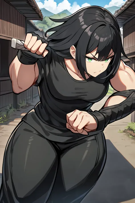  1 woman, high, strong,  long pants ,  black hair,  medium length short clothes,  wearing black clothes ,  look seriously,  green eyes,  holding a sword, In a large ninja village.