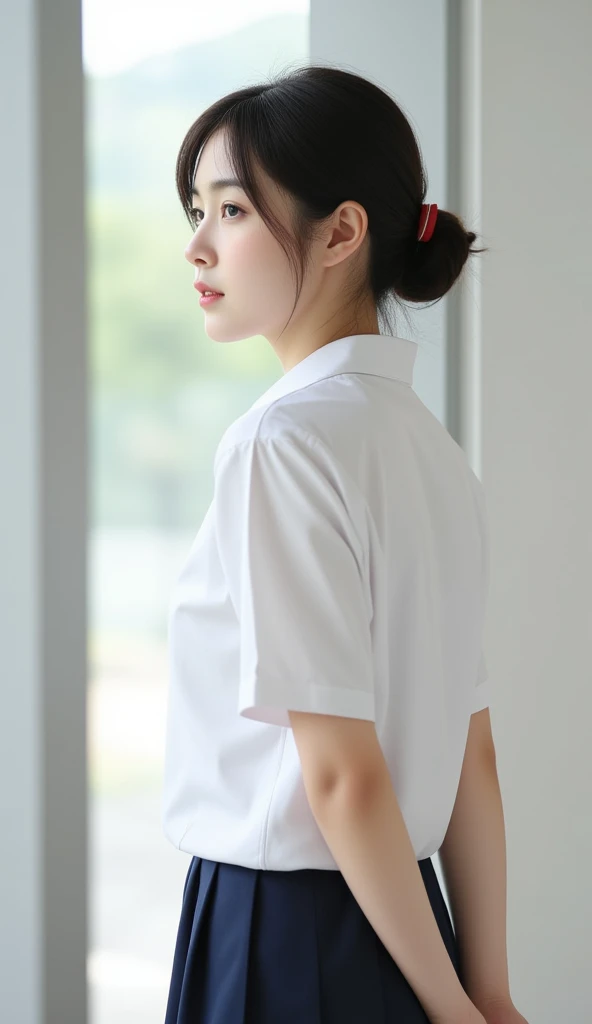 japanese schoolgirl,skinny,sloping shoulders,smiling,white shirt,back view