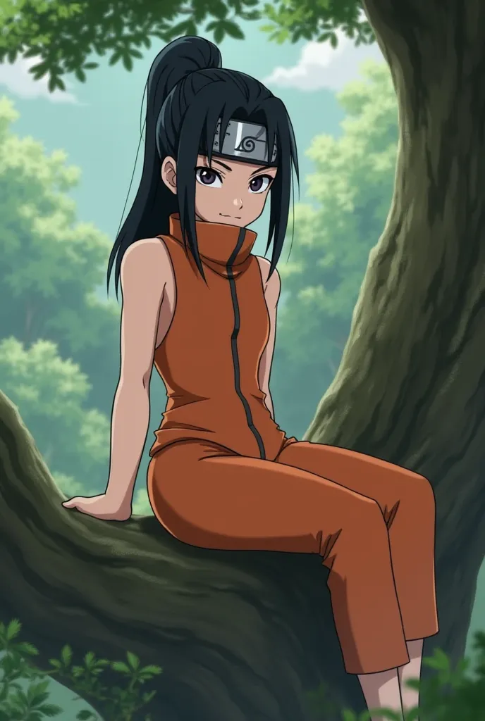 A girl with black hair and bangs tied in a ponytail have a konoha headband. The girl is wearing an orange bodysuit with a throat but no sleeves. Naruto anime. She is sitting on a tree with Naruto