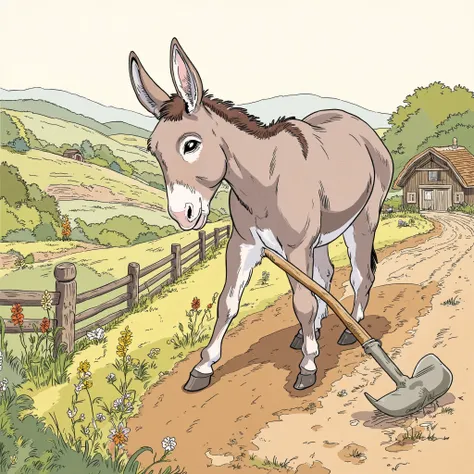 An illustration of a donkey working on the farm, making ridges with heo.
ren book illustration
