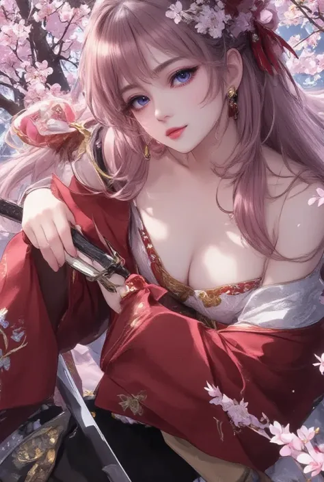 Sakura Garden ，under the tree，  crouching a Japanese samurai woman， delicate cheeks ，long pink hair, Chest,  A Japanese martial artist woman wearing a Japanese red kimono ，Topless，Chest纏繞絲帶,  Texture Skin , Hand Samurai Knife ， 