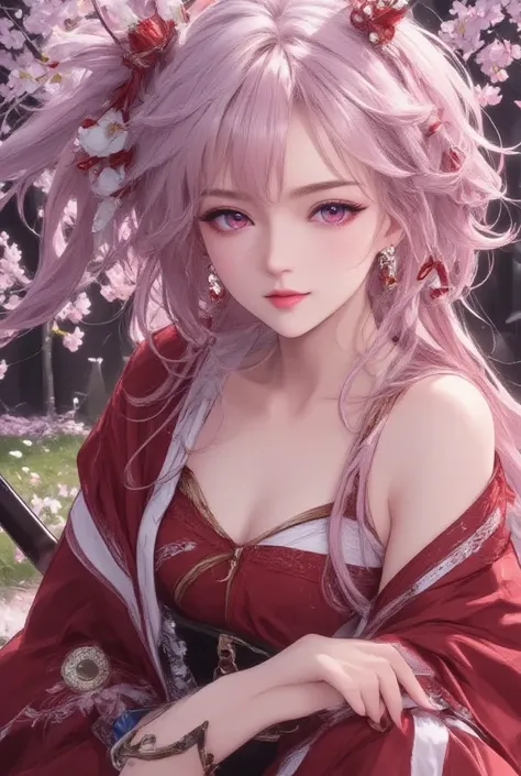 Sakura Garden ，under the tree，  crouching a Japanese samurai woman， delicate cheeks ，long pink hair, Chest,  A Japanese martial artist woman wearing a Japanese red kimono ，Topless，Chest纏繞絲帶,  Texture Skin , Hand Samurai Knife ， 