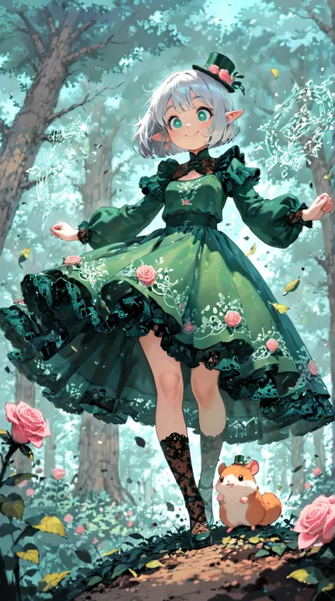 score_9, score_8_up, score_7_up, UHD, Masterpiece, amazing quality, very aesthetic, absurdres, ultra-detailed, 1girl\solo\(hamuko-chan, elf, silver bob cut,  mini hat\pink rose\lace, Intricate:1.3\Green leaf dress\frill, lace), (magic\wind & light & flower...